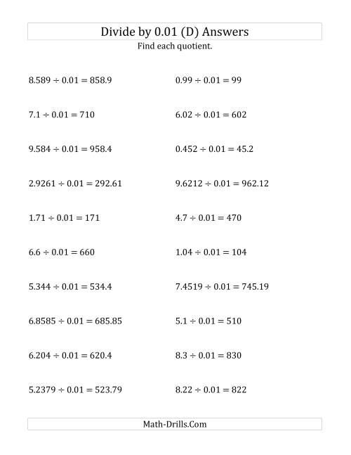 The Dividing Decimals by 0.01 (D) Math Worksheet Page 2