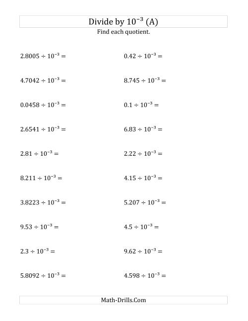 The Dividing Decimals by 10<sup>-3</sup> (A) Math Worksheet