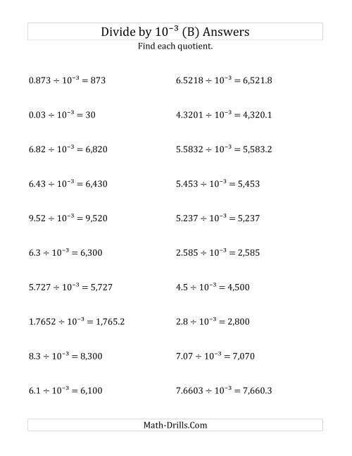 The Dividing Decimals by 10<sup>-3</sup> (B) Math Worksheet Page 2