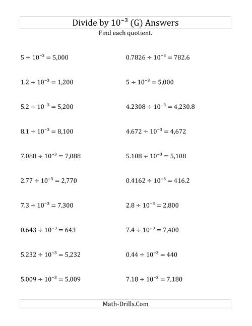 The Dividing Decimals by 10<sup>-3</sup> (G) Math Worksheet Page 2