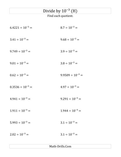 The Dividing Decimals by 10<sup>-3</sup> (H) Math Worksheet