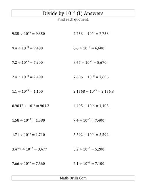The Dividing Decimals by 10<sup>-3</sup> (I) Math Worksheet Page 2