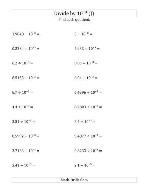 The Dividing Decimals by 10<sup>-3</sup> (J) Math Worksheet