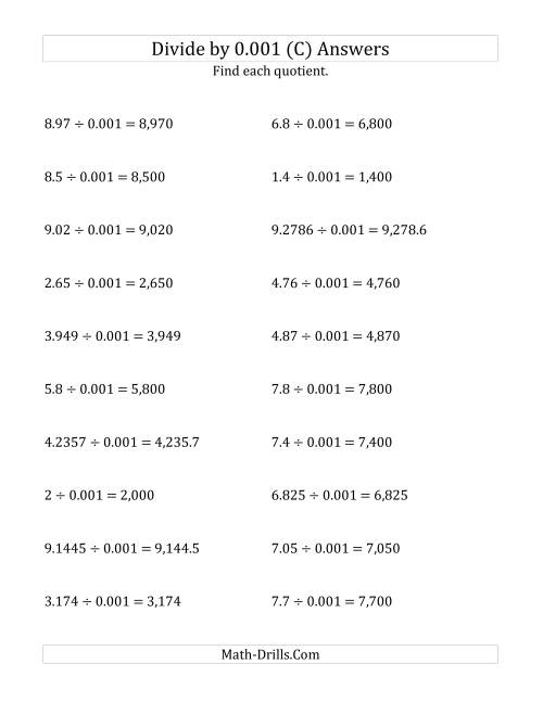 The Dividing Decimals by 0.001 (C) Math Worksheet Page 2