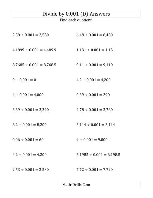 The Dividing Decimals by 0.001 (D) Math Worksheet Page 2