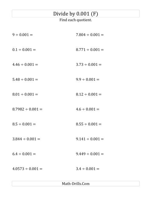 The Dividing Decimals by 0.001 (F) Math Worksheet
