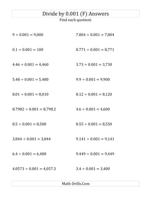 The Dividing Decimals by 0.001 (F) Math Worksheet Page 2