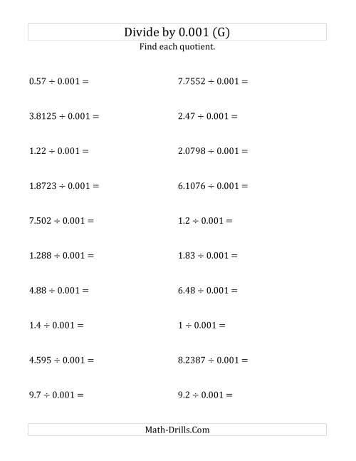 The Dividing Decimals by 0.001 (G) Math Worksheet