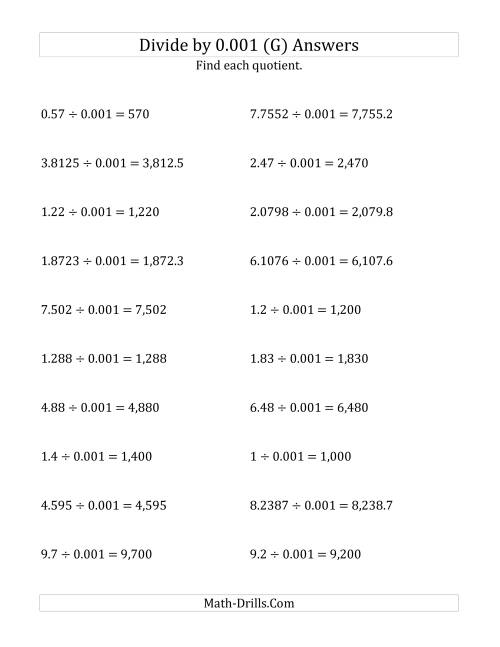 The Dividing Decimals by 0.001 (G) Math Worksheet Page 2