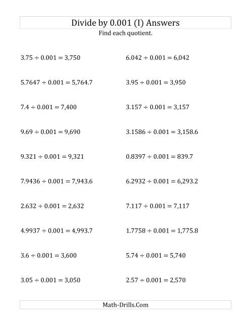 The Dividing Decimals by 0.001 (I) Math Worksheet Page 2