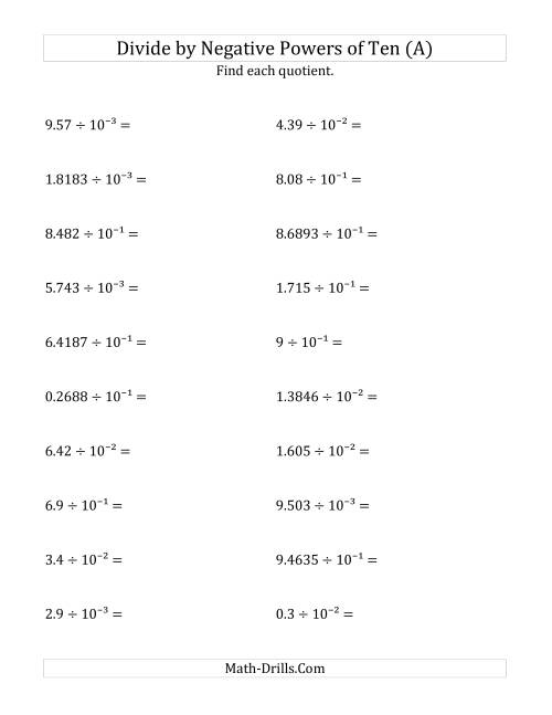 The Dividing Decimals by Negative Powers of Ten (Exponent Form) (A) Math Worksheet