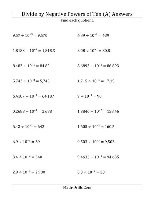The Dividing Decimals by Negative Powers of Ten (Exponent Form) (A) Math Worksheet Page 2