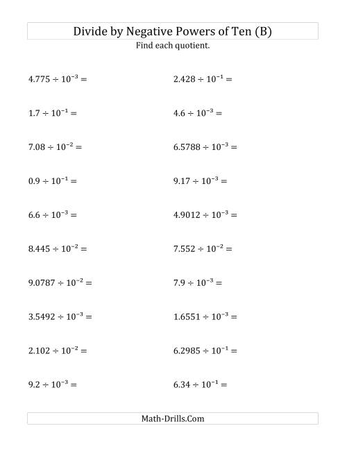 The Dividing Decimals by Negative Powers of Ten (Exponent Form) (B) Math Worksheet