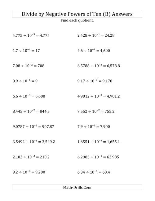 The Dividing Decimals by Negative Powers of Ten (Exponent Form) (B) Math Worksheet Page 2