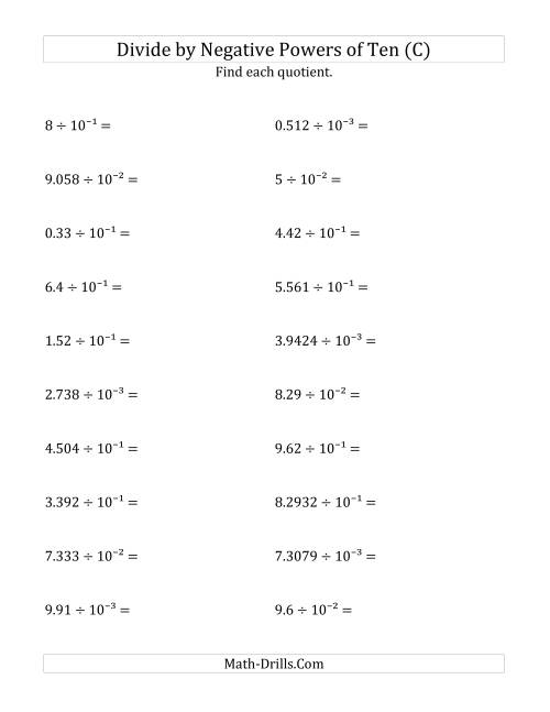 The Dividing Decimals by Negative Powers of Ten (Exponent Form) (C) Math Worksheet