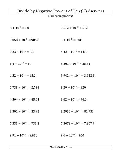 The Dividing Decimals by Negative Powers of Ten (Exponent Form) (C) Math Worksheet Page 2