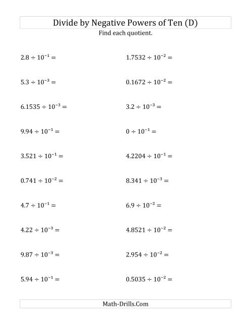 The Dividing Decimals by Negative Powers of Ten (Exponent Form) (D) Math Worksheet