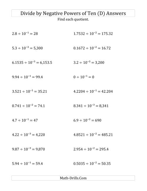 The Dividing Decimals by Negative Powers of Ten (Exponent Form) (D) Math Worksheet Page 2