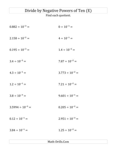 The Dividing Decimals by Negative Powers of Ten (Exponent Form) (E) Math Worksheet
