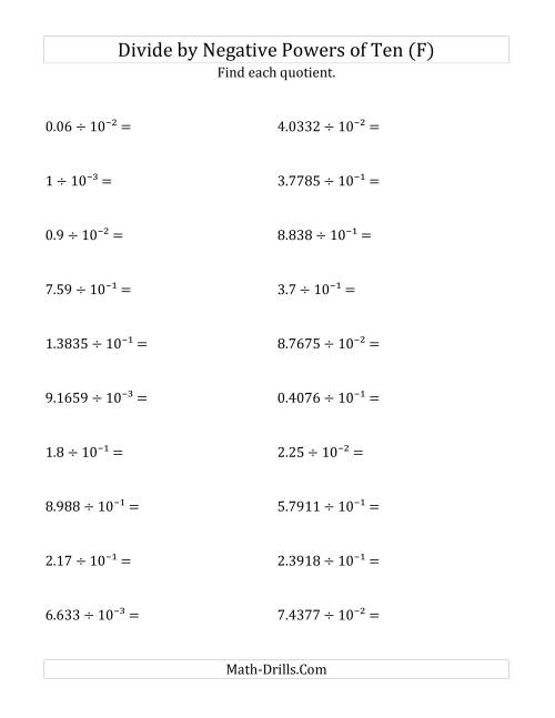 The Dividing Decimals by Negative Powers of Ten (Exponent Form) (F) Math Worksheet