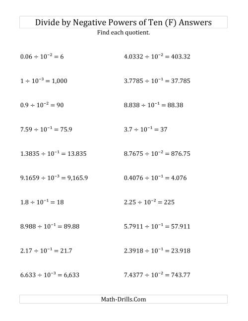 The Dividing Decimals by Negative Powers of Ten (Exponent Form) (F) Math Worksheet Page 2