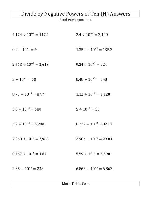 The Dividing Decimals by Negative Powers of Ten (Exponent Form) (H) Math Worksheet Page 2