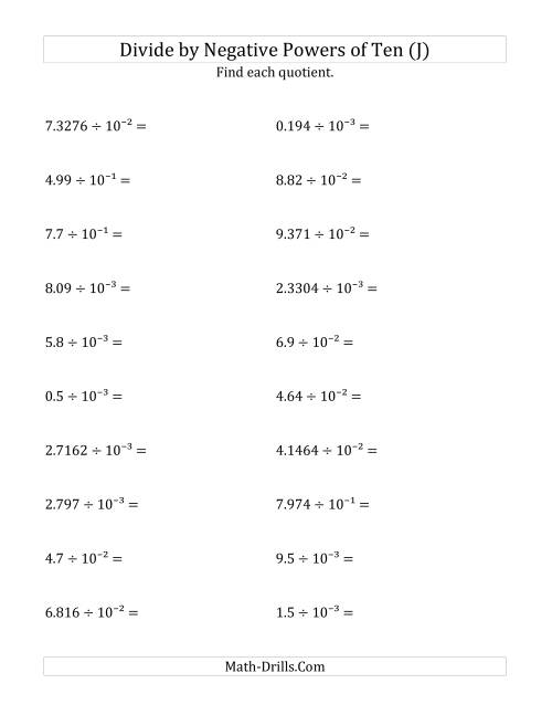 The Dividing Decimals by Negative Powers of Ten (Exponent Form) (J) Math Worksheet