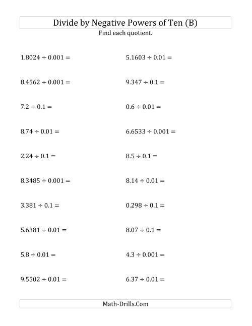 The Dividing Decimals by Negative Powers of Ten (Standard Form) (B) Math Worksheet