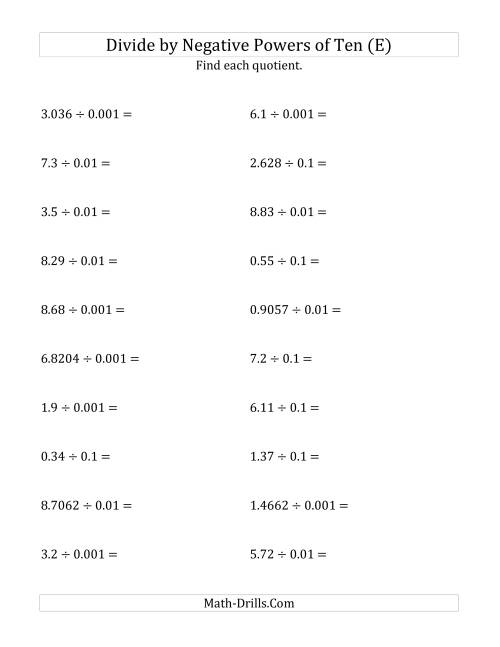 The Dividing Decimals by Negative Powers of Ten (Standard Form) (E) Math Worksheet