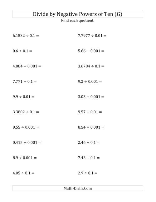 The Dividing Decimals by Negative Powers of Ten (Standard Form) (G) Math Worksheet
