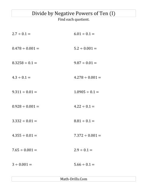 The Dividing Decimals by Negative Powers of Ten (Standard Form) (I) Math Worksheet