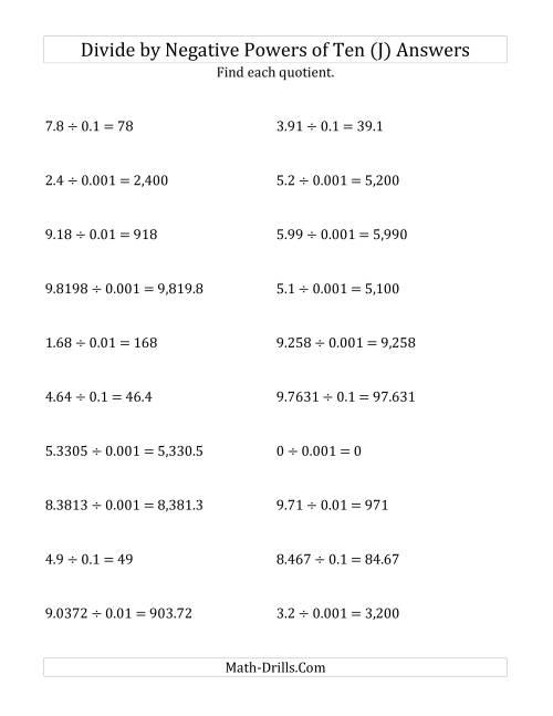 The Dividing Decimals by Negative Powers of Ten (Standard Form) (J) Math Worksheet Page 2