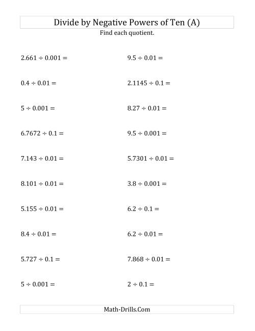 The Dividing Decimals by Negative Powers of Ten (Standard Form) (All) Math Worksheet