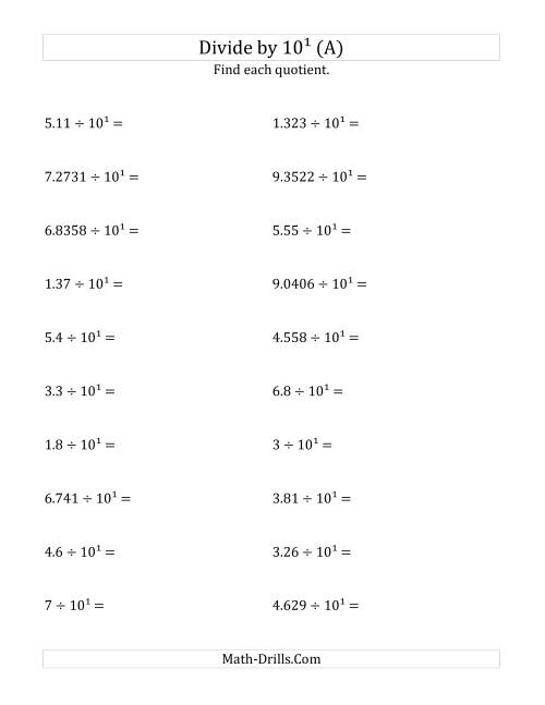 The Dividing Decimals by 10<sup>1</sup> (A) Math Worksheet