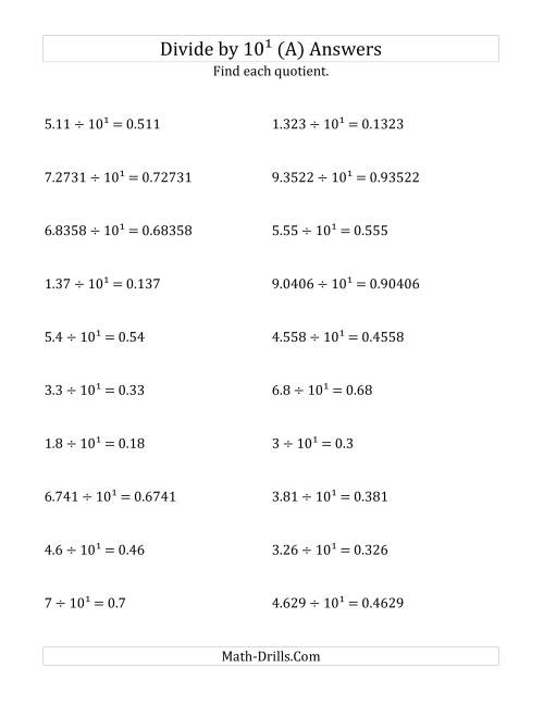 The Dividing Decimals by 10<sup>1</sup> (A) Math Worksheet Page 2