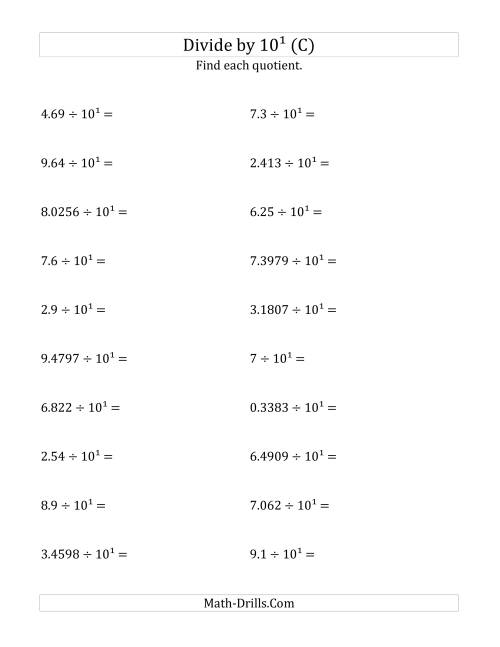 The Dividing Decimals by 10<sup>1</sup> (C) Math Worksheet