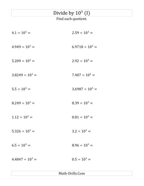 The Dividing Decimals by 10<sup>1</sup> (I) Math Worksheet