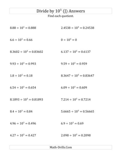 The Dividing Decimals by 10<sup>1</sup> (J) Math Worksheet Page 2