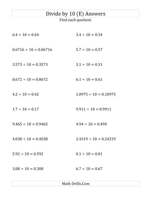 The Dividing Decimals by 10 (E) Math Worksheet Page 2