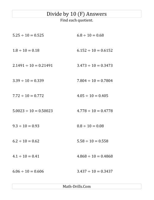 The Dividing Decimals by 10 (F) Math Worksheet Page 2