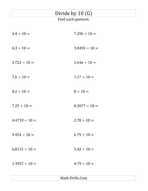 The Dividing Decimals by 10 (G) Math Worksheet