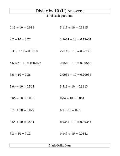 The Dividing Decimals by 10 (H) Math Worksheet Page 2