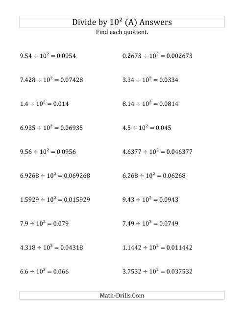 The Dividing Decimals by 10<sup>2</sup> (A) Math Worksheet Page 2