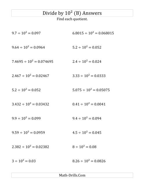 The Dividing Decimals by 10<sup>2</sup> (B) Math Worksheet Page 2