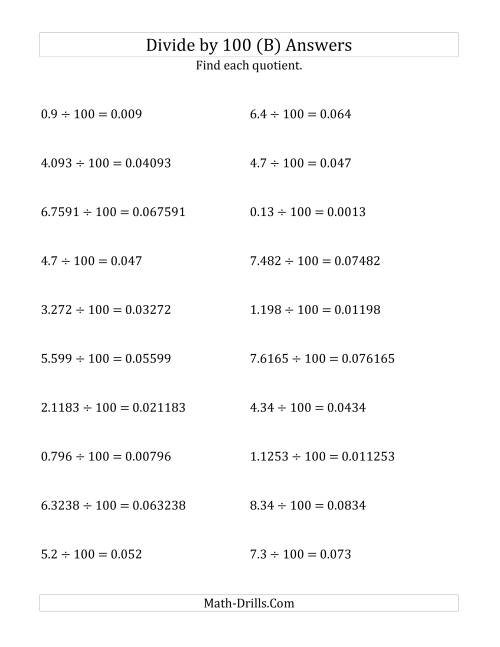 The Dividing Decimals by 100 (B) Math Worksheet Page 2