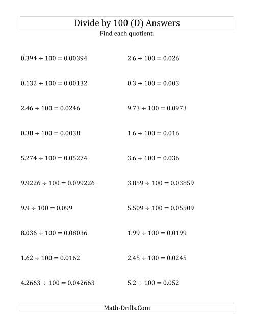 The Dividing Decimals by 100 (D) Math Worksheet Page 2