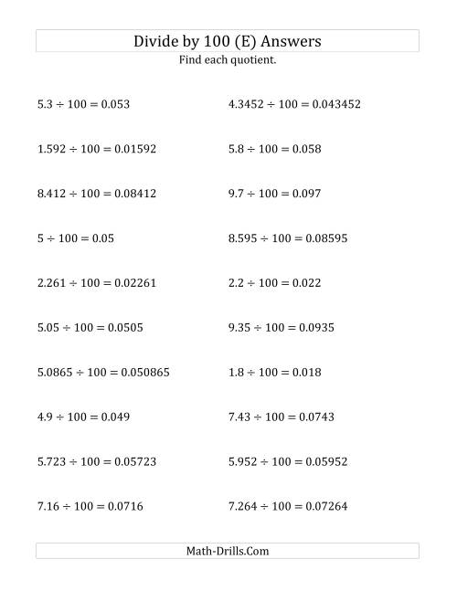 The Dividing Decimals by 100 (E) Math Worksheet Page 2
