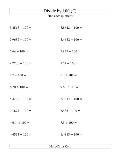The Dividing Decimals by 100 (F) Math Worksheet