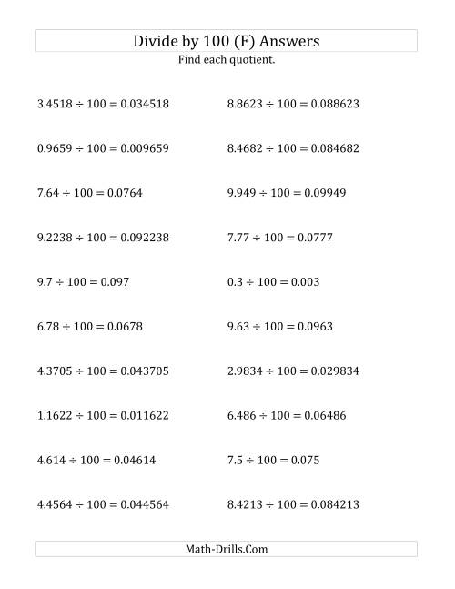 The Dividing Decimals by 100 (F) Math Worksheet Page 2
