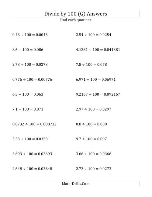 The Dividing Decimals by 100 (G) Math Worksheet Page 2